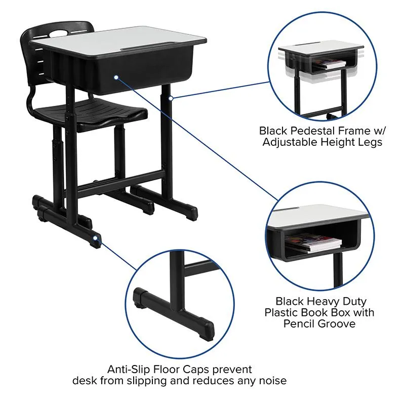 Adjustable Height Student Desk and Chair with Black Pedestal Frame - Flash Furniture