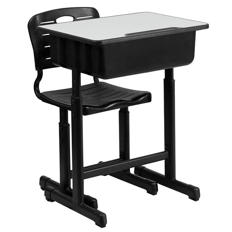 Adjustable Height Student Desk and Chair with Black Pedestal Frame - Flash Furniture