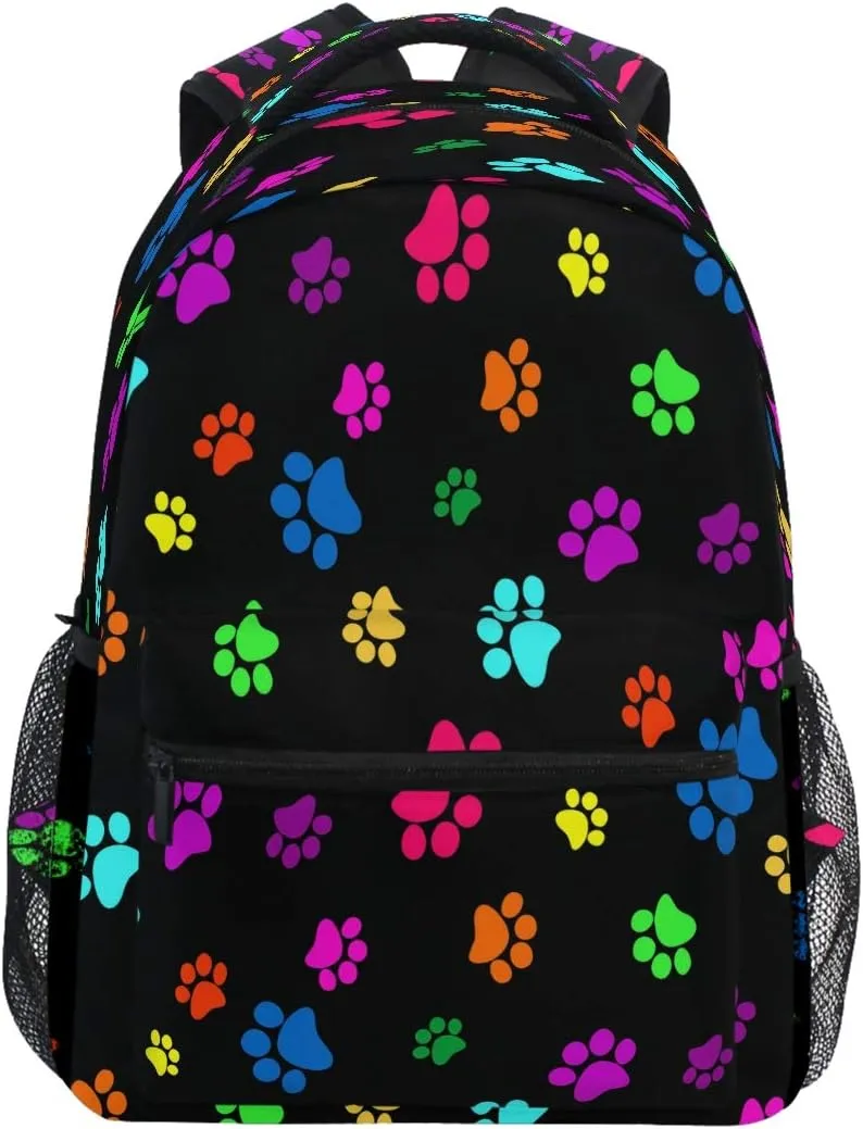 ALAZA Colorful Paw Print Black Backpack Daypack School Bag Travel Shoulder Bag for Students Boys Girls