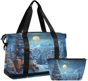 ALAZA Pine Tree Moon Snow Merry Christmas Travel Duffel Bag with Shoe Compartment Tote Bag Weekender Overnight Bag with Wet Pocket for Travel,Gym,Yoga,Swimming