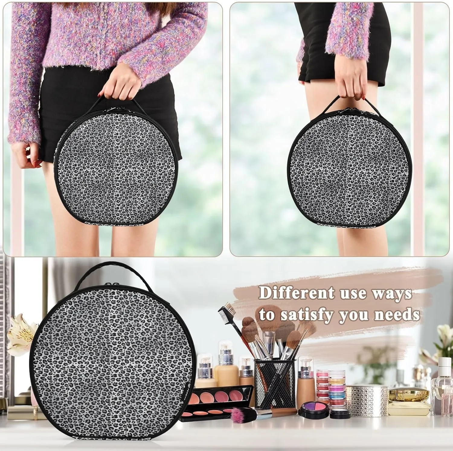 ALAZA Snow Leopard Print Gray Portable Cosmetic Bag Large Capacity Makeup Bags