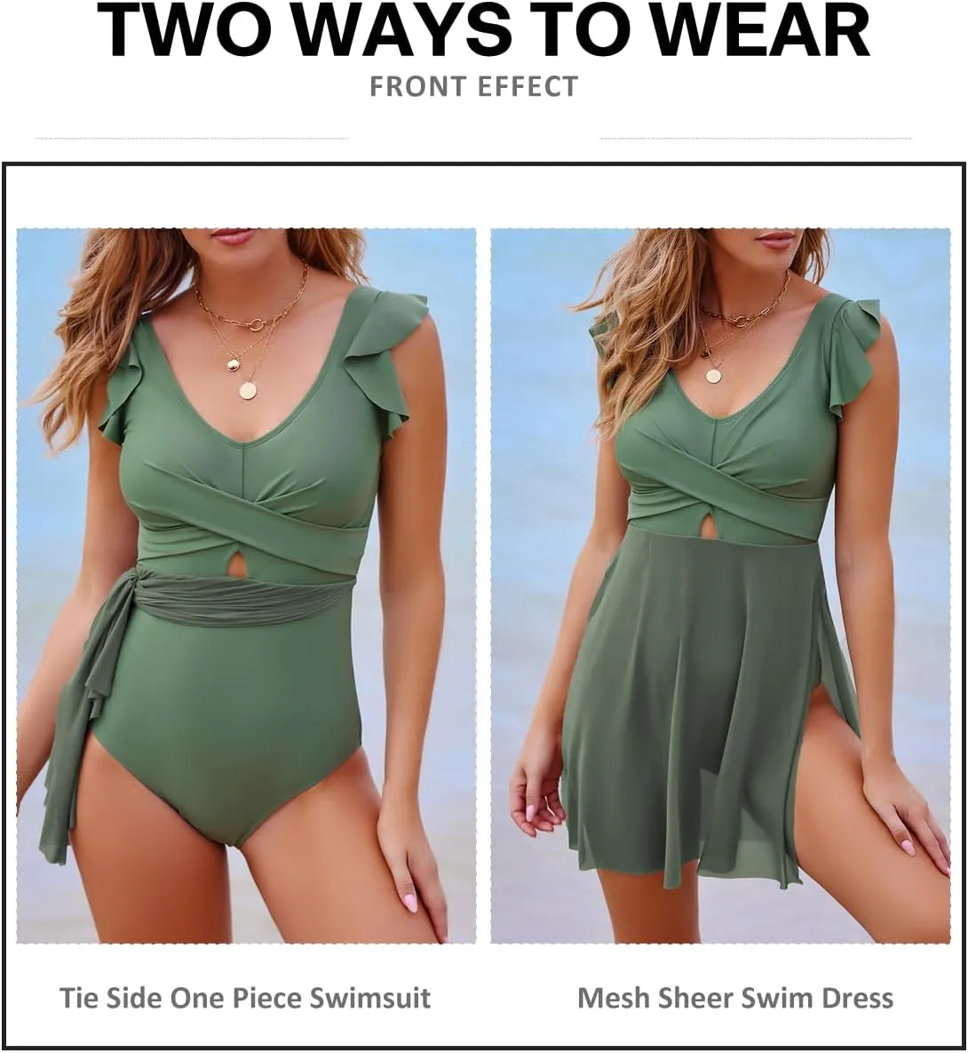Aleumdr Women's One Piece Swimdress Ruffle Tummy Control Skirt Swimsuit Cross Wrap Cutout Split Hem Swim Dresses