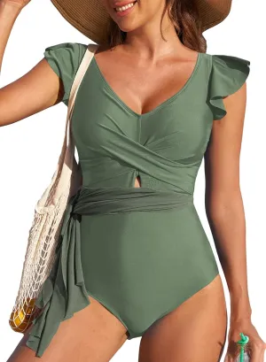 Aleumdr Women's One Piece Swimdress Ruffle Tummy Control Skirt Swimsuit Cross Wrap Cutout Split Hem Swim Dresses