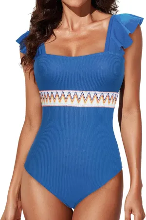 Aleumdr Women's One Piece Swimsuit Ruffle Tummy Control Bathing Suits Color Block Ribbed Swimwear