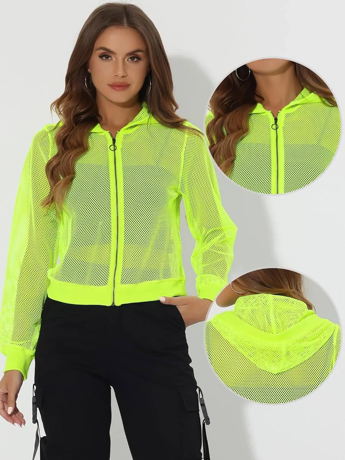 Allegra K Hoodie Jacket for Women's 2024 Zip Up Long Sleeve Mesh Sheer Bomber Jackets