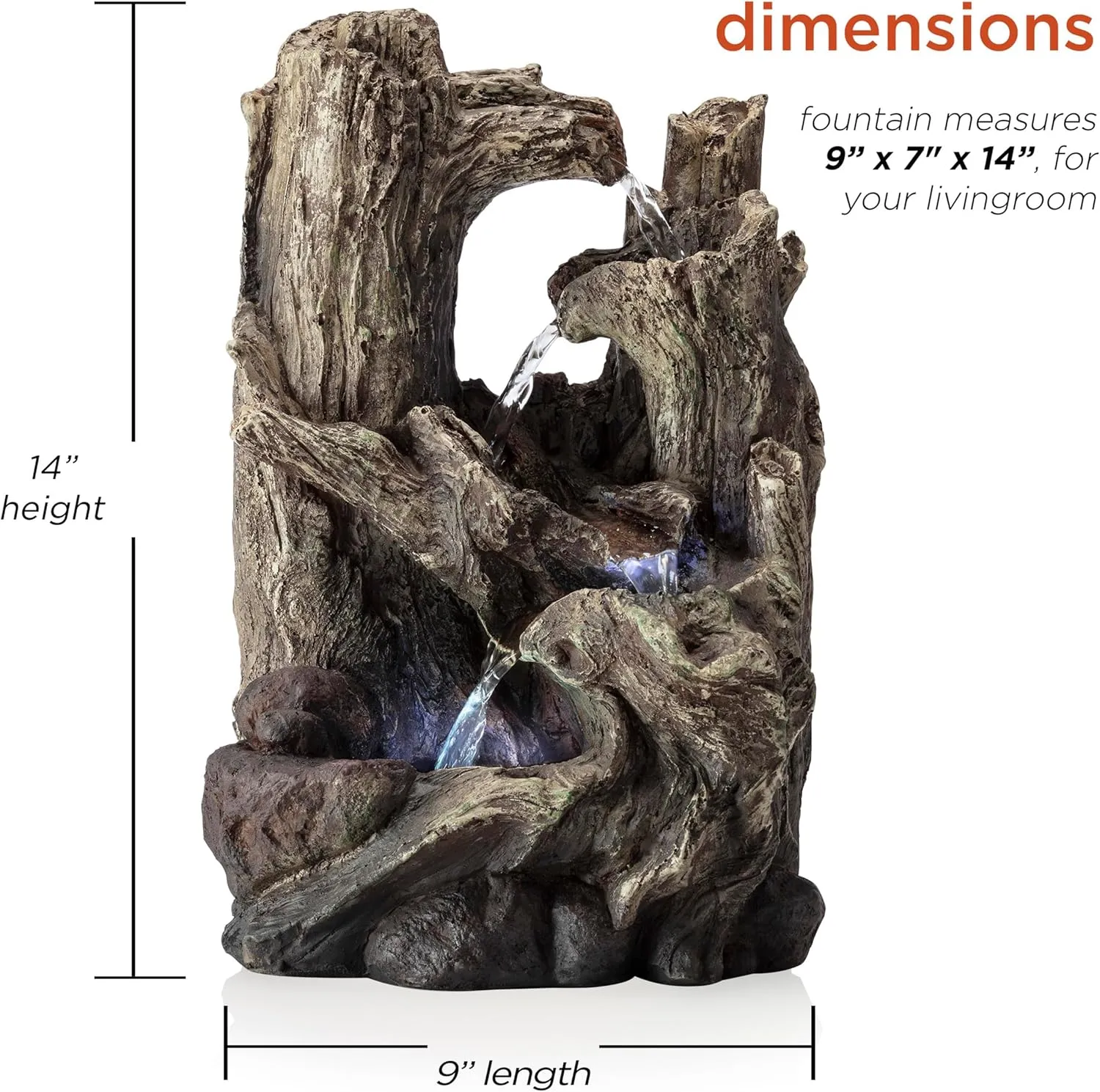Alpine Corporation WIN786S Indoor 5 Tiered Rainforest Tree Trunk Tabletop Waterfall Fountain with LED Lights, 14" Tall, Brown