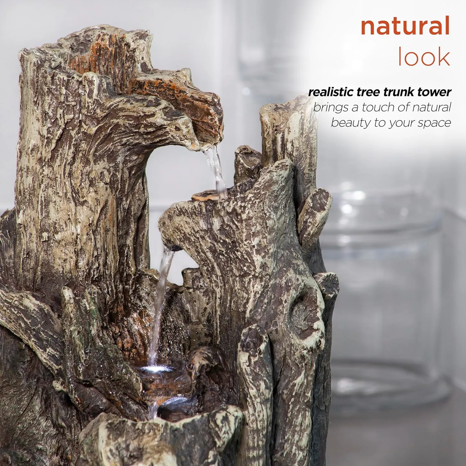 Alpine Corporation WIN786S Indoor 5 Tiered Rainforest Tree Trunk Tabletop Waterfall Fountain with LED Lights, 14" Tall, Brown