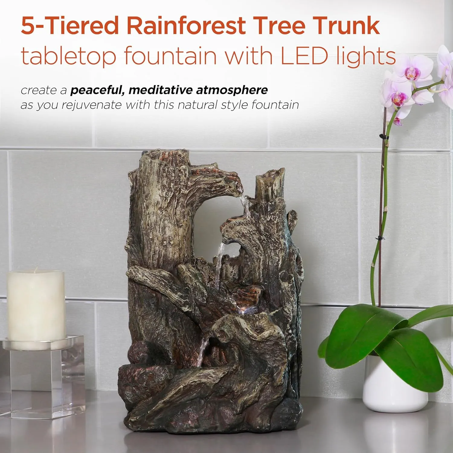 Alpine Corporation WIN786S Indoor 5 Tiered Rainforest Tree Trunk Tabletop Waterfall Fountain with LED Lights, 14" Tall, Brown