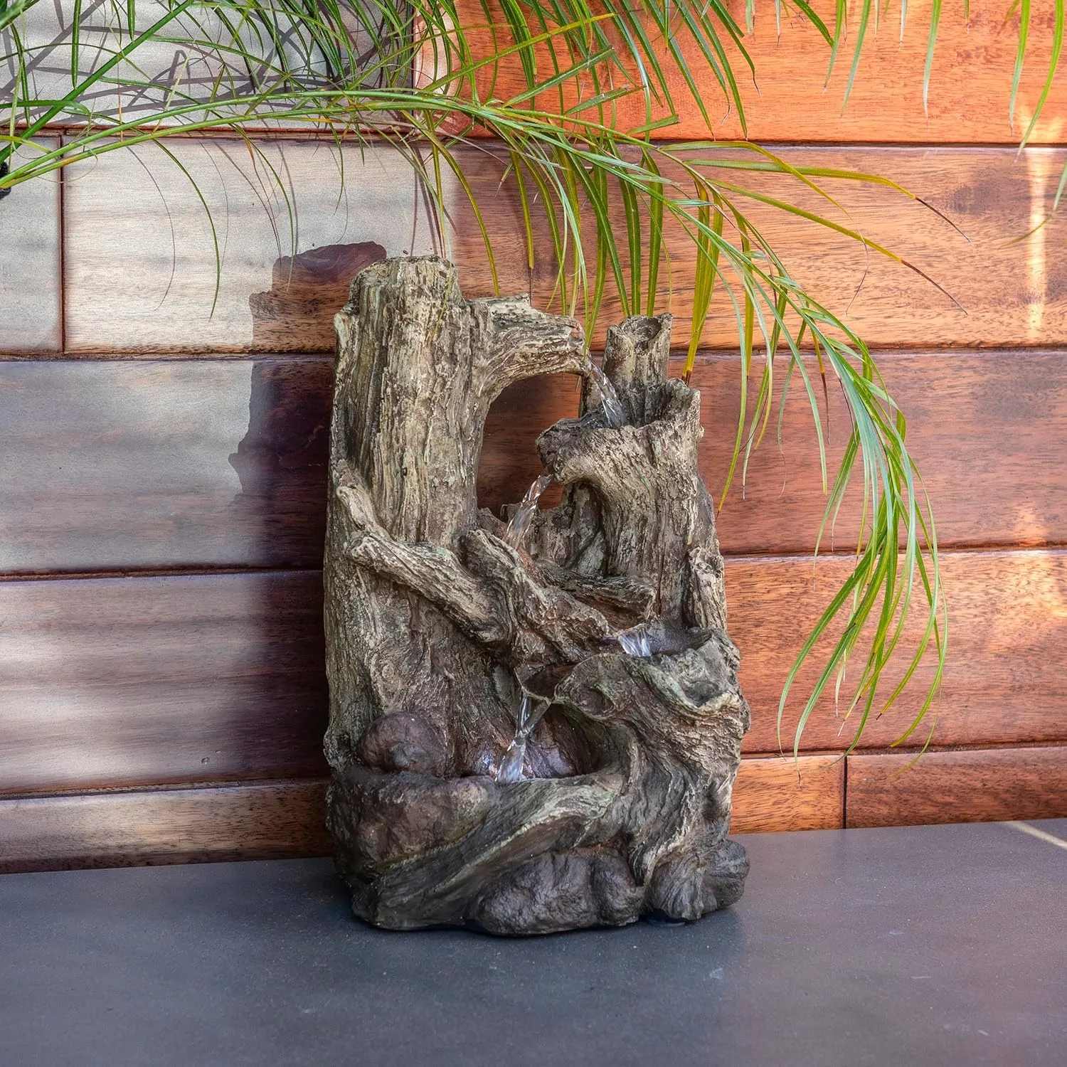 Alpine Corporation WIN786S Indoor 5 Tiered Rainforest Tree Trunk Tabletop Waterfall Fountain with LED Lights, 14" Tall, Brown