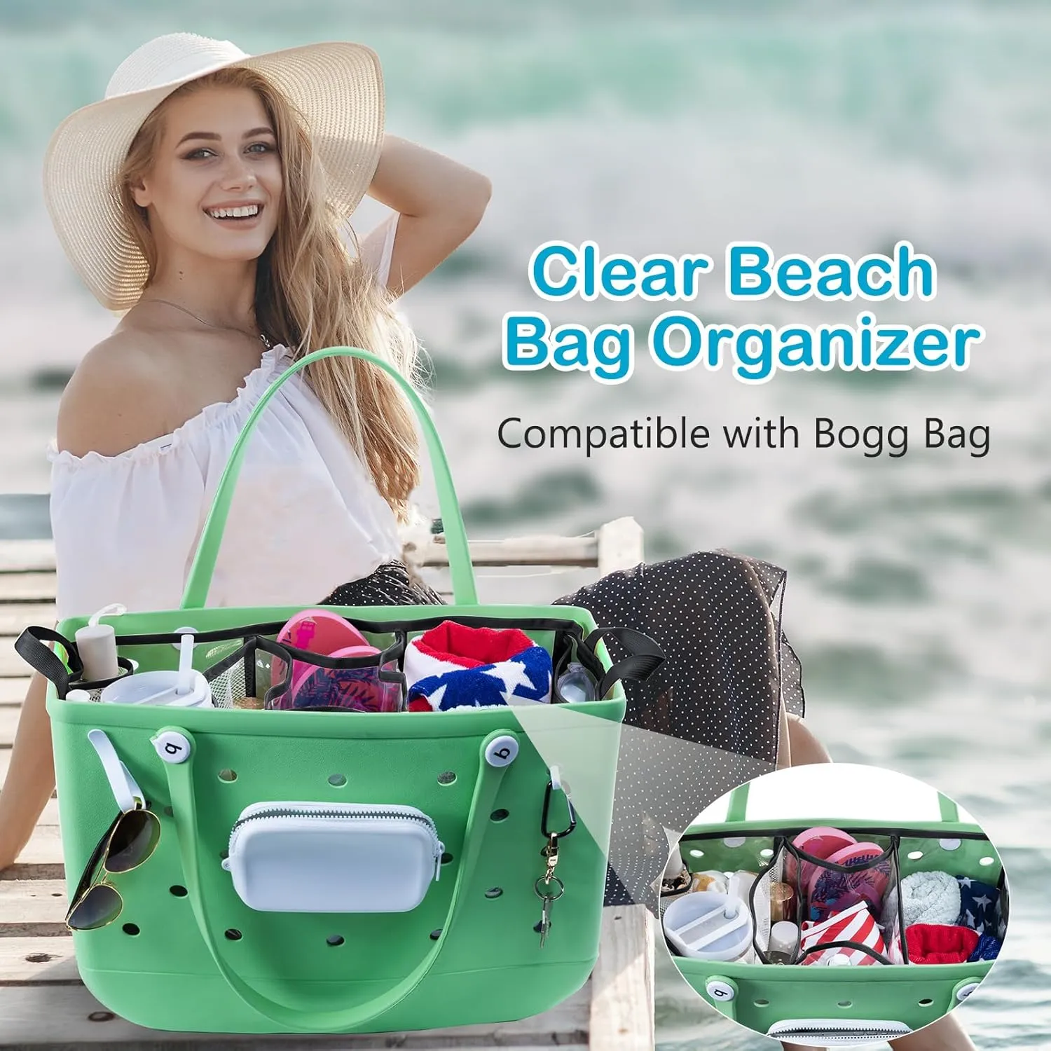 AMOIGEE Clear Beach Bag Organizer Insert with 3pcs Accessories Compatible with Bogg Bag (Large), Beach Tote Bag Divider with Sunglasses Holder, Phone Holder and Clips Hooks, Beach Tote Bag