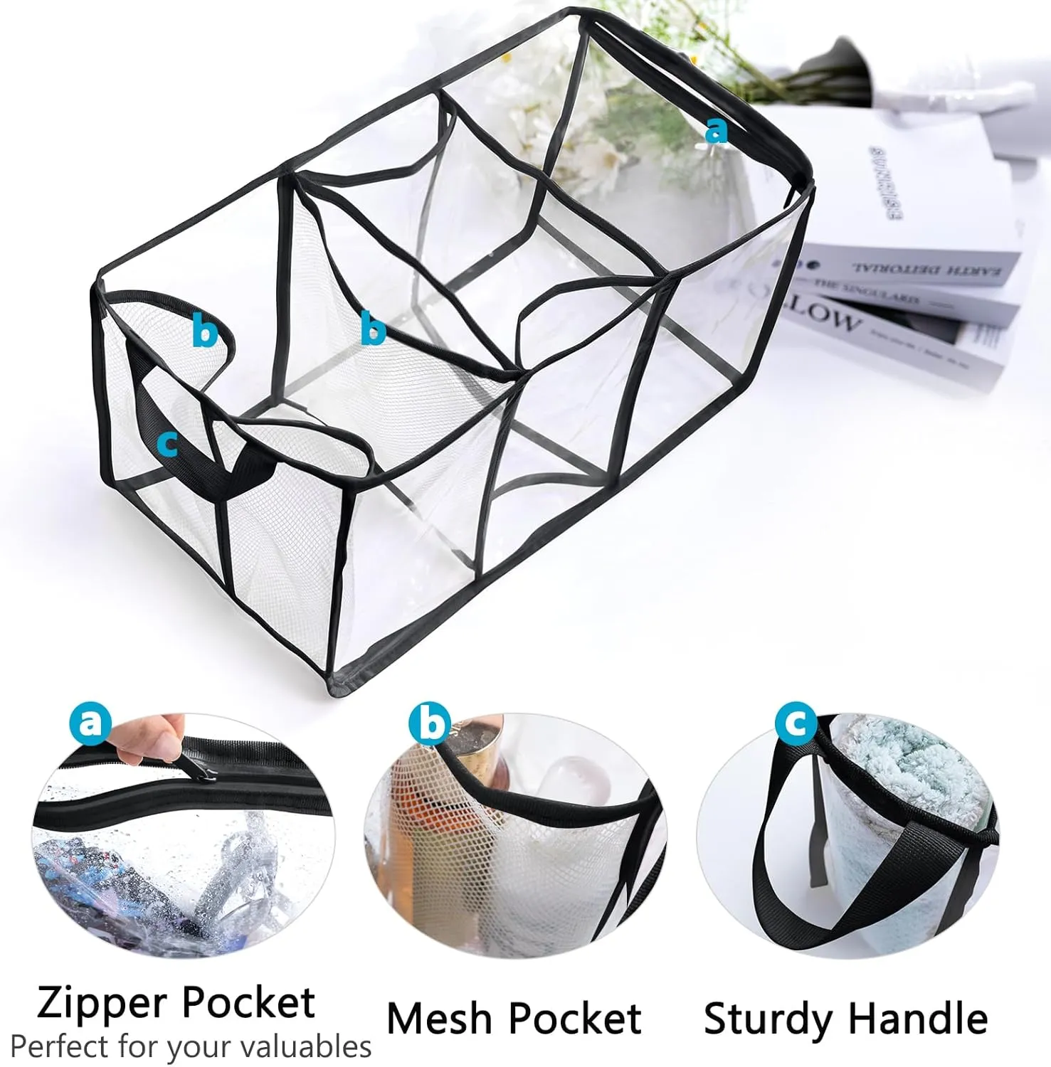 AMOIGEE Clear Beach Bag Organizer Insert with 3pcs Accessories Compatible with Bogg Bag (Large), Beach Tote Bag Divider with Sunglasses Holder, Phone Holder and Clips Hooks, Beach Tote Bag