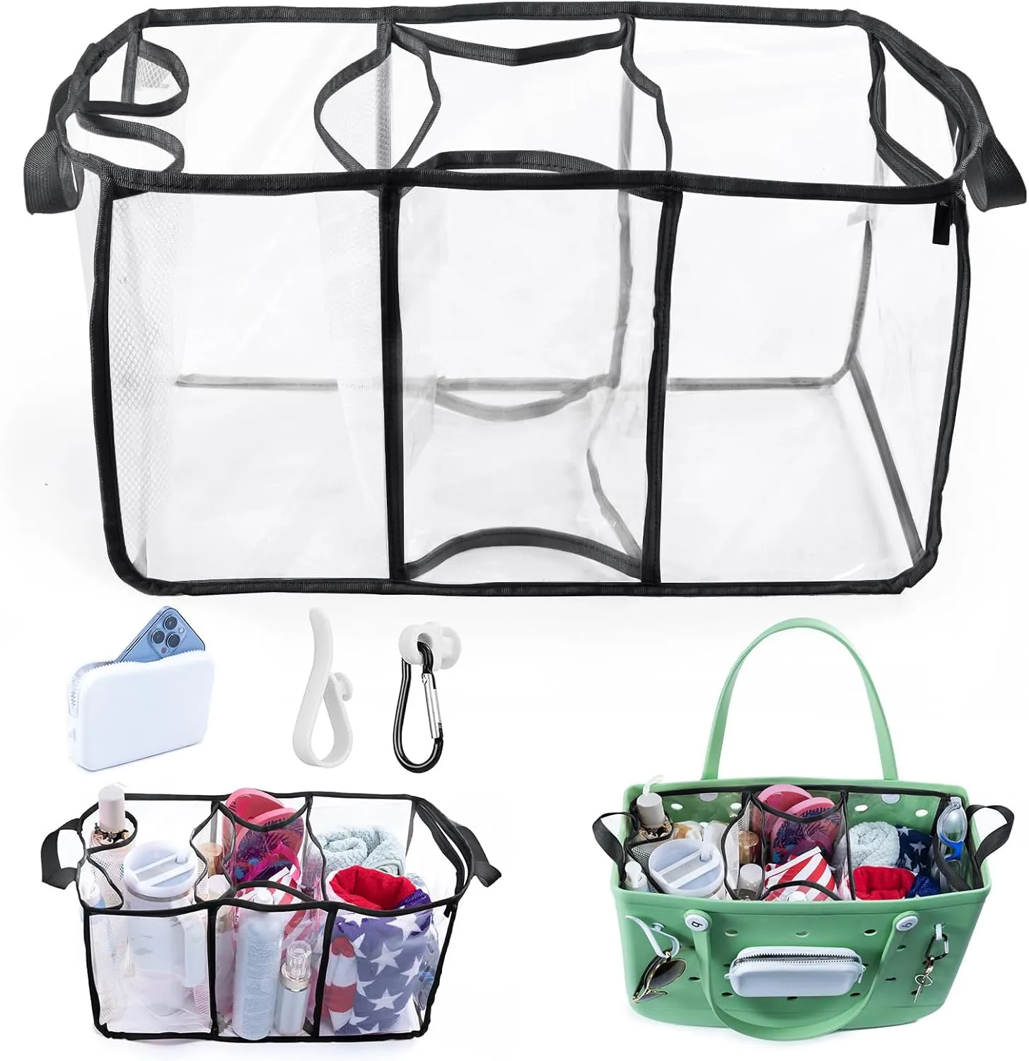 AMOIGEE Clear Beach Bag Organizer Insert with 3pcs Accessories Compatible with Bogg Bag (Large), Beach Tote Bag Divider with Sunglasses Holder, Phone Holder and Clips Hooks, Beach Tote Bag