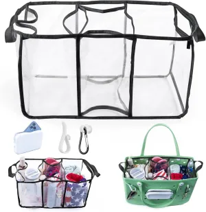 AMOIGEE Clear Beach Bag Organizer Insert with 3pcs Accessories Compatible with Bogg Bag (Large), Beach Tote Bag Divider with Sunglasses Holder, Phone Holder and Clips Hooks, Beach Tote Bag