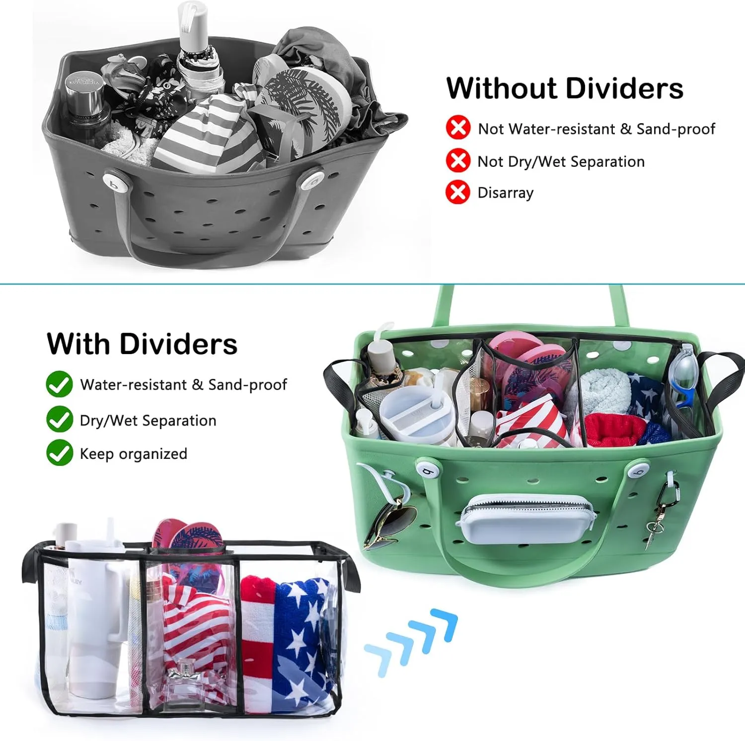 AMOIGEE Clear Beach Bag Organizer Insert with 3pcs Accessories Compatible with Bogg Bag (Large), Beach Tote Bag Divider with Sunglasses Holder, Phone Holder and Clips Hooks, Beach Tote Bag