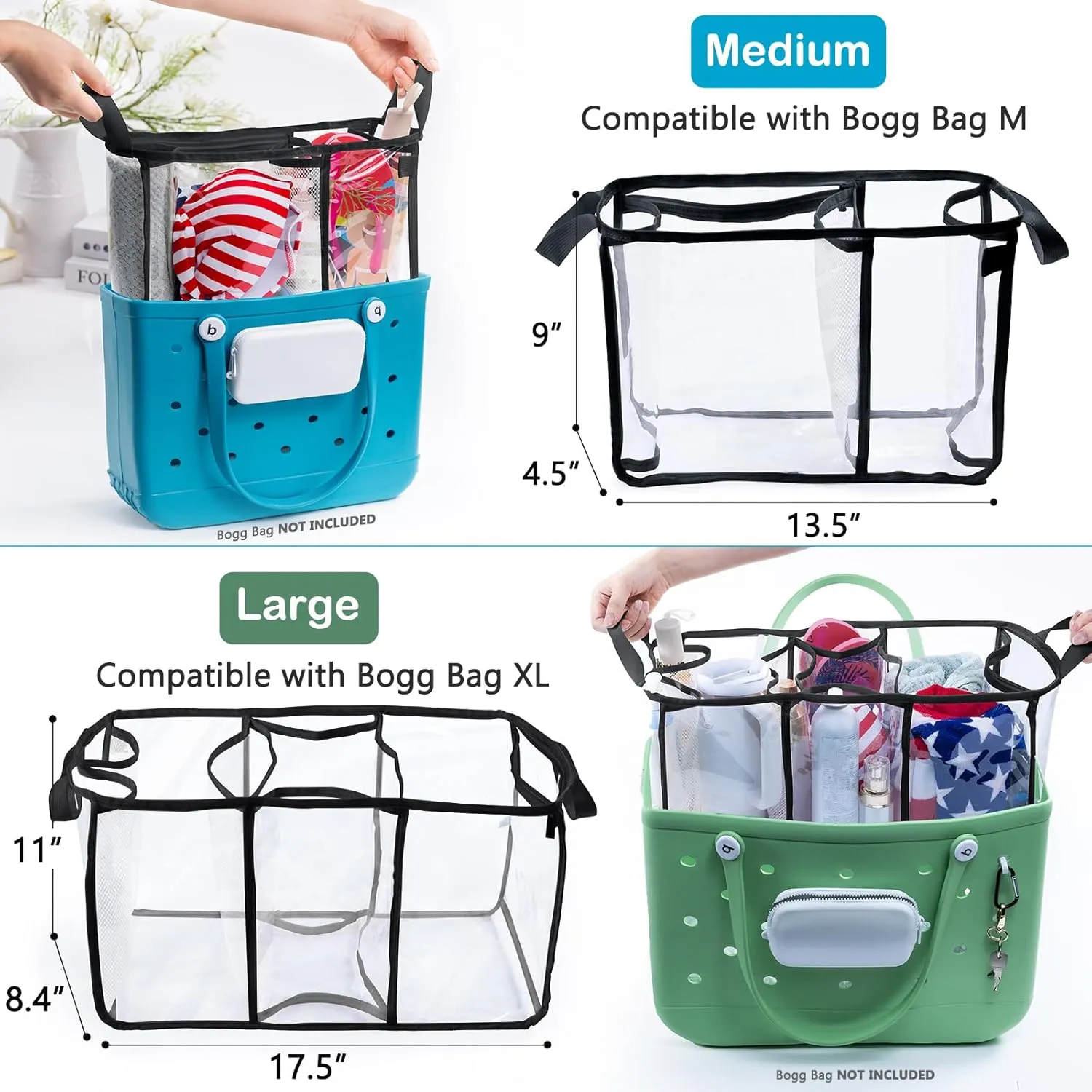 AMOIGEE Clear Beach Bag Organizer Insert with 3pcs Accessories Compatible with Bogg Bag (Large), Beach Tote Bag Divider with Sunglasses Holder, Phone Holder and Clips Hooks, Beach Tote Bag