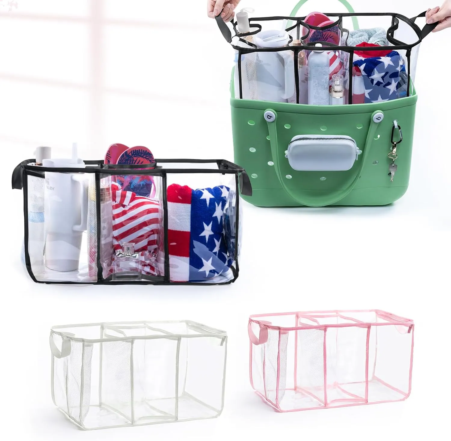 AMOIGEE Clear Beach Bag Organizer Insert with 3pcs Accessories Compatible with Bogg Bag (Large), Beach Tote Bag Divider with Sunglasses Holder, Phone Holder and Clips Hooks, Beach Tote Bag