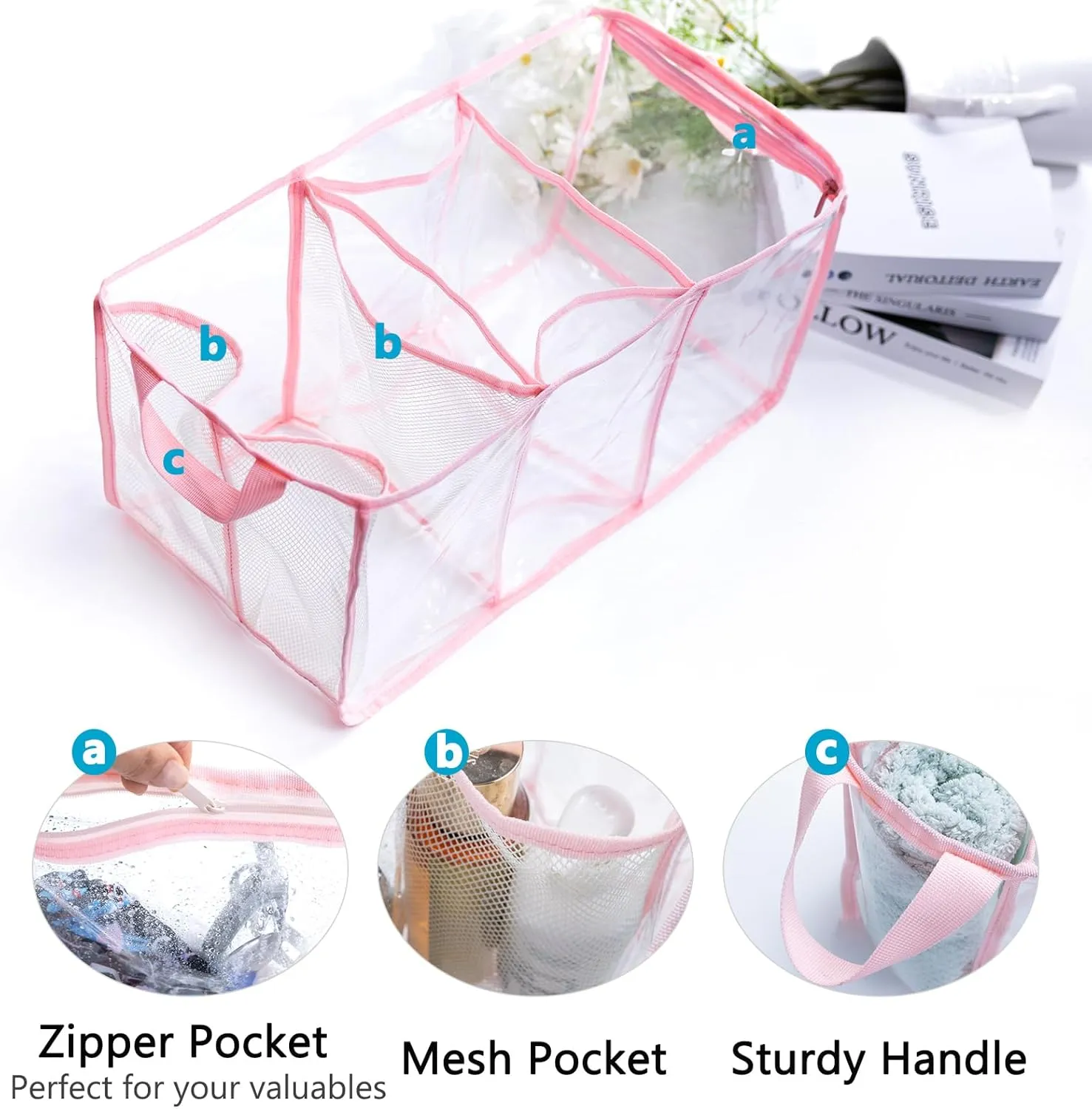 AMOIGEE Clear Beach Bag Organizer Insert with 3pcs Accessories Compatible with Bogg Bag (Large), Beach Tote Divider with Sunglasses Holder, Phone Holder and Clips Hooks