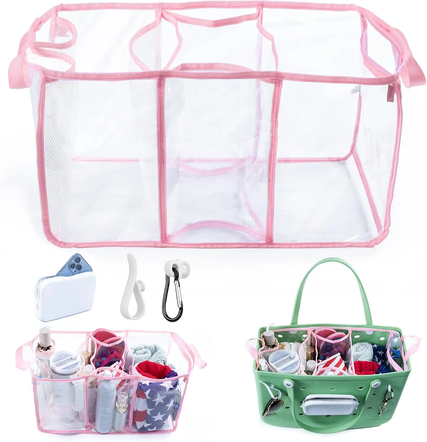AMOIGEE Clear Beach Bag Organizer Insert with 3pcs Accessories Compatible with Bogg Bag (Large), Beach Tote Divider with Sunglasses Holder, Phone Holder and Clips Hooks