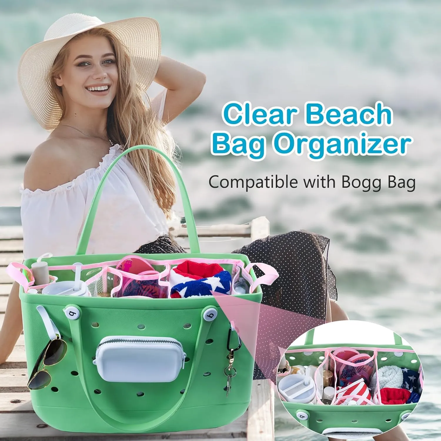 AMOIGEE Clear Beach Bag Organizer Insert with 3pcs Accessories Compatible with Bogg Bag (Large), Beach Tote Divider with Sunglasses Holder, Phone Holder and Clips Hooks