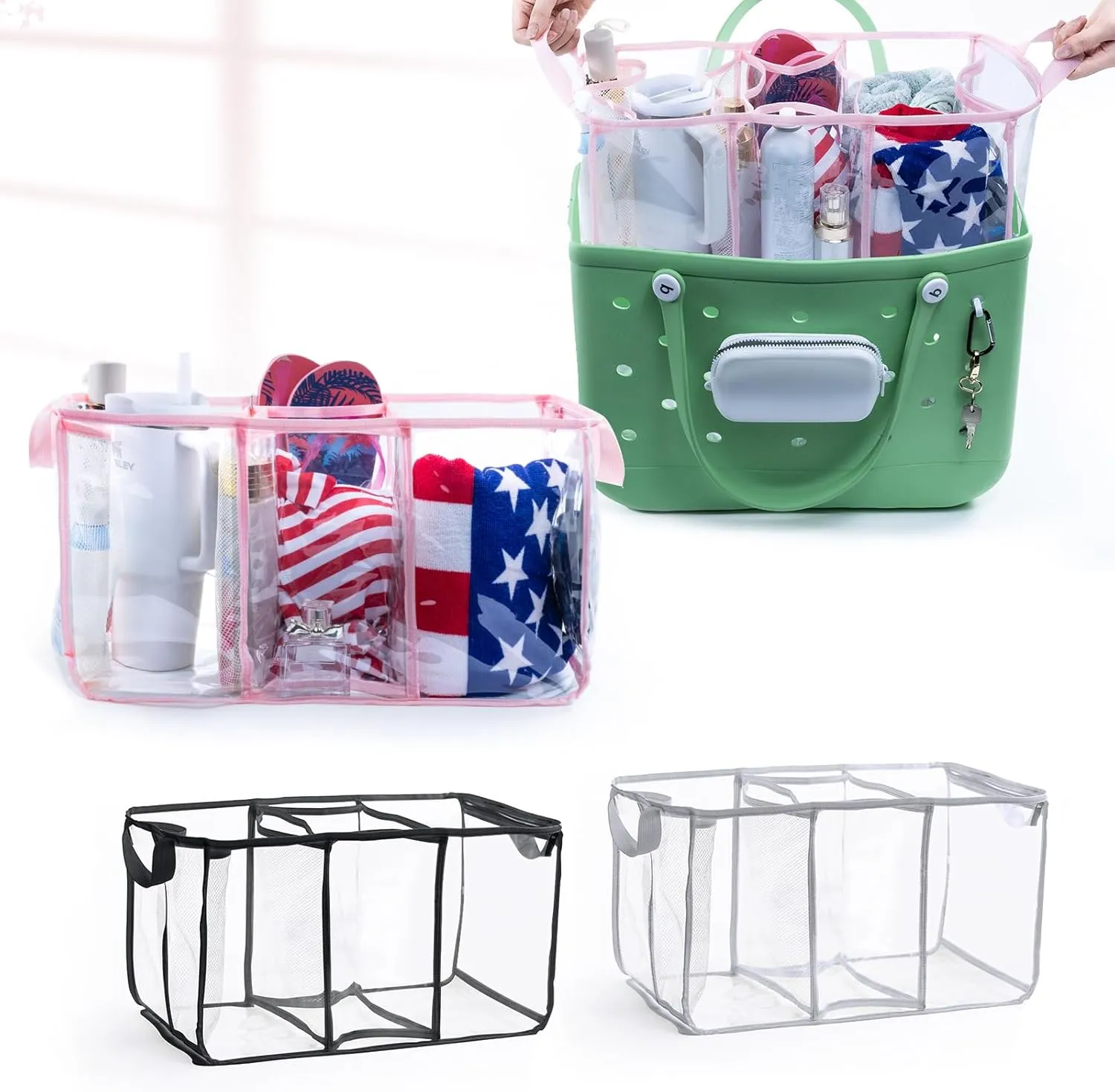 AMOIGEE Clear Beach Bag Organizer Insert with 3pcs Accessories Compatible with Bogg Bag (Large), Beach Tote Divider with Sunglasses Holder, Phone Holder and Clips Hooks