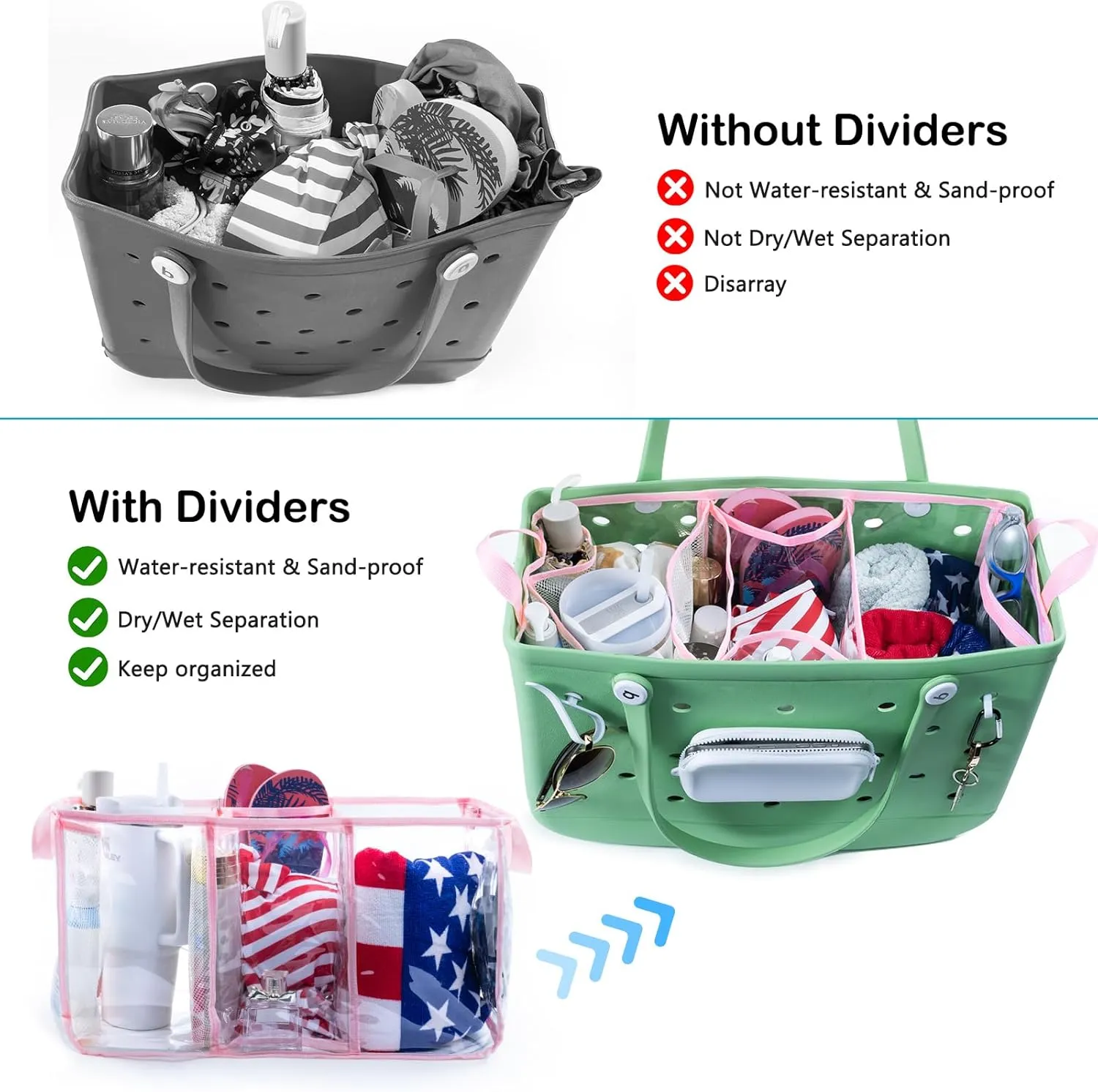 AMOIGEE Clear Beach Bag Organizer Insert with 3pcs Accessories Compatible with Bogg Bag (Large), Beach Tote Divider with Sunglasses Holder, Phone Holder and Clips Hooks
