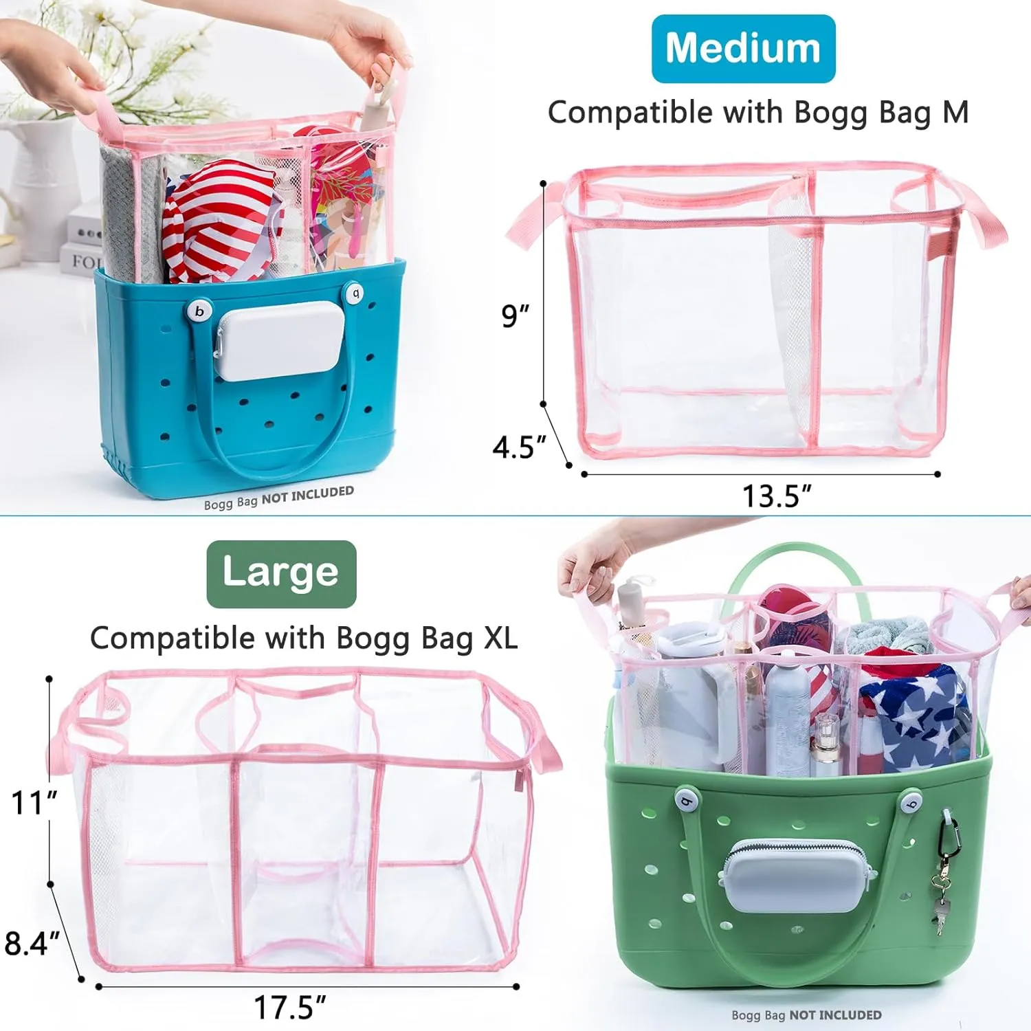 AMOIGEE Clear Beach Bag Organizer Insert with 3pcs Accessories Compatible with Bogg Bag (Large), Beach Tote Divider with Sunglasses Holder, Phone Holder and Clips Hooks