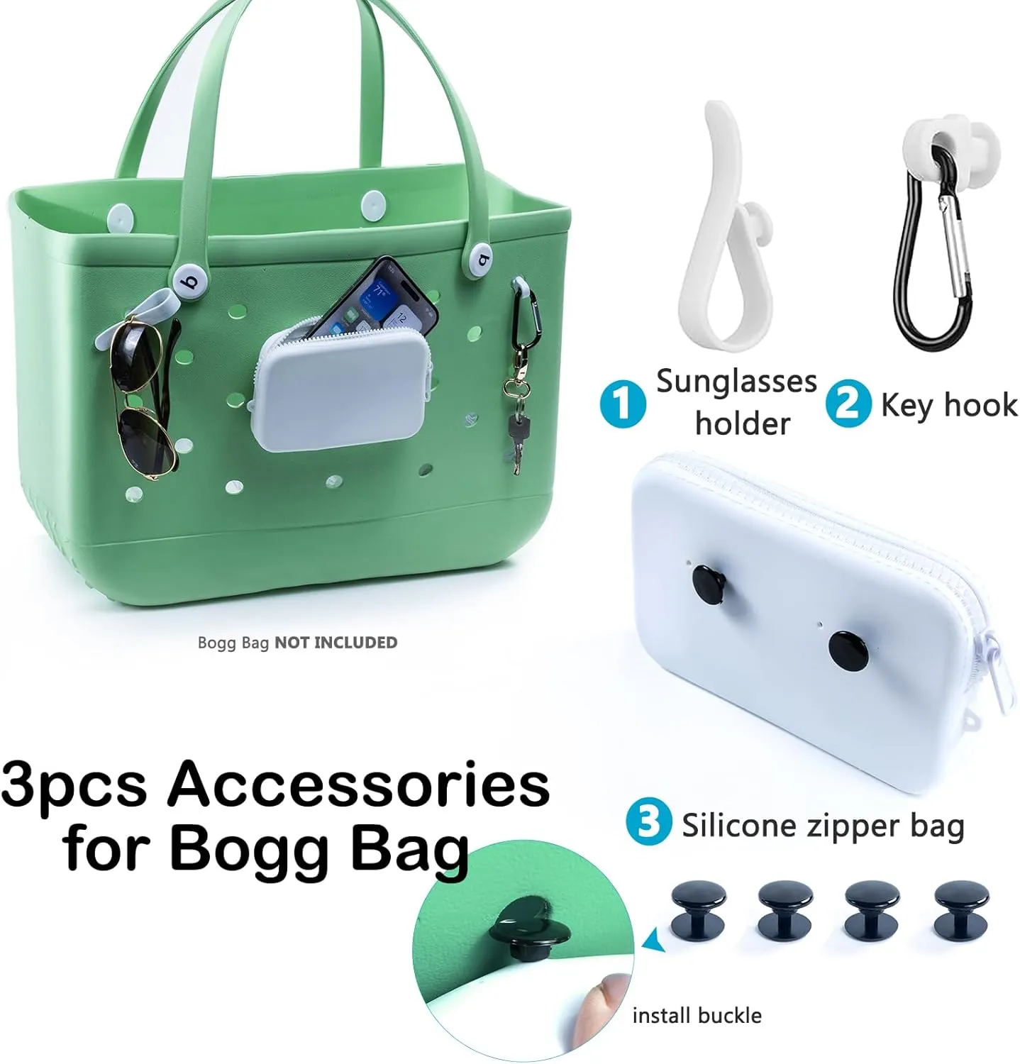 AMOIGEE Clear Beach Bag Organizer Insert with 3pcs Accessories Compatible with Bogg Bag (Large), Beach Tote Divider with Sunglasses Holder, Phone Holder and Clips Hooks