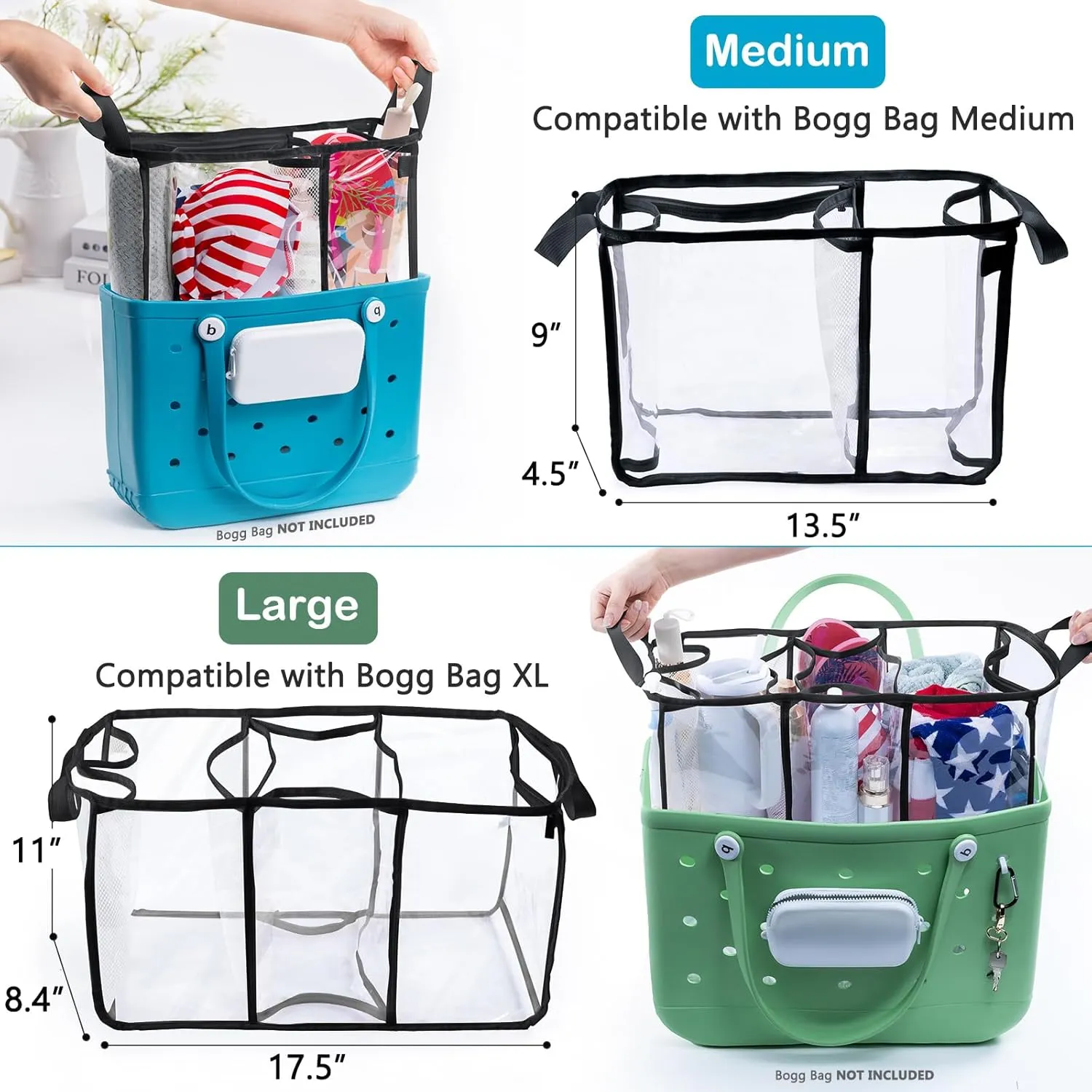 AMOIGEE Clear Beach Bag Organizer Insert with 3pcs Accessories Compatible with Bogg Bag (Medium), Beach Tote Divider with Sunglasses Holder, Phone Holder and Clips Hooks