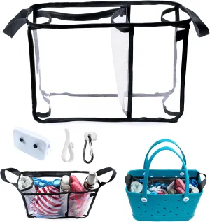 AMOIGEE Clear Beach Bag Organizer Insert with 3pcs Accessories Compatible with Bogg Bag (Medium), Beach Tote Divider with Sunglasses Holder, Phone Holder and Clips Hooks