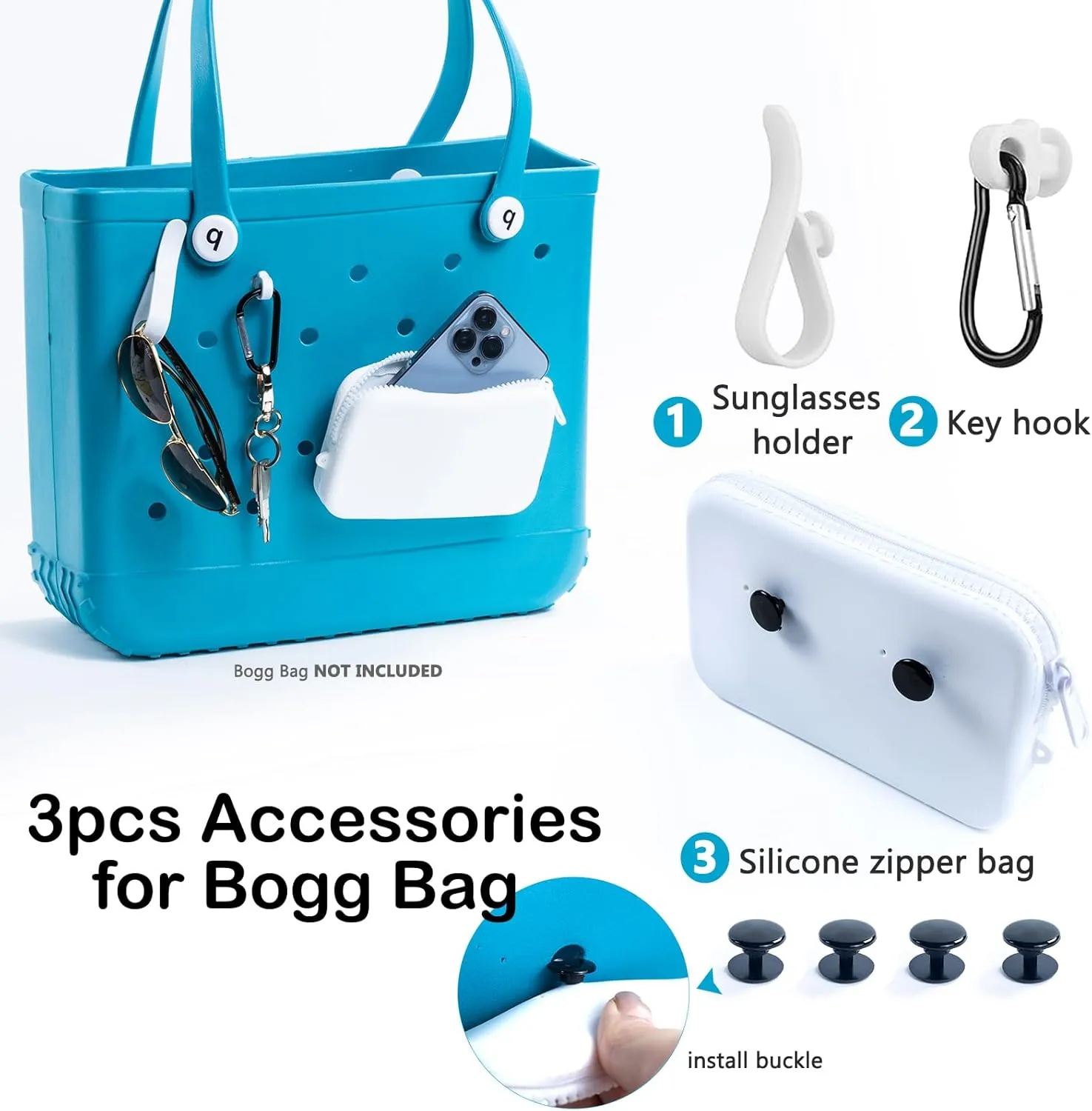 AMOIGEE Clear Beach Bag Organizer Insert with 3pcs Accessories Compatible with Bogg Bag (Medium), Beach Tote Divider with Sunglasses Holder, Phone Holder and Clips Hooks