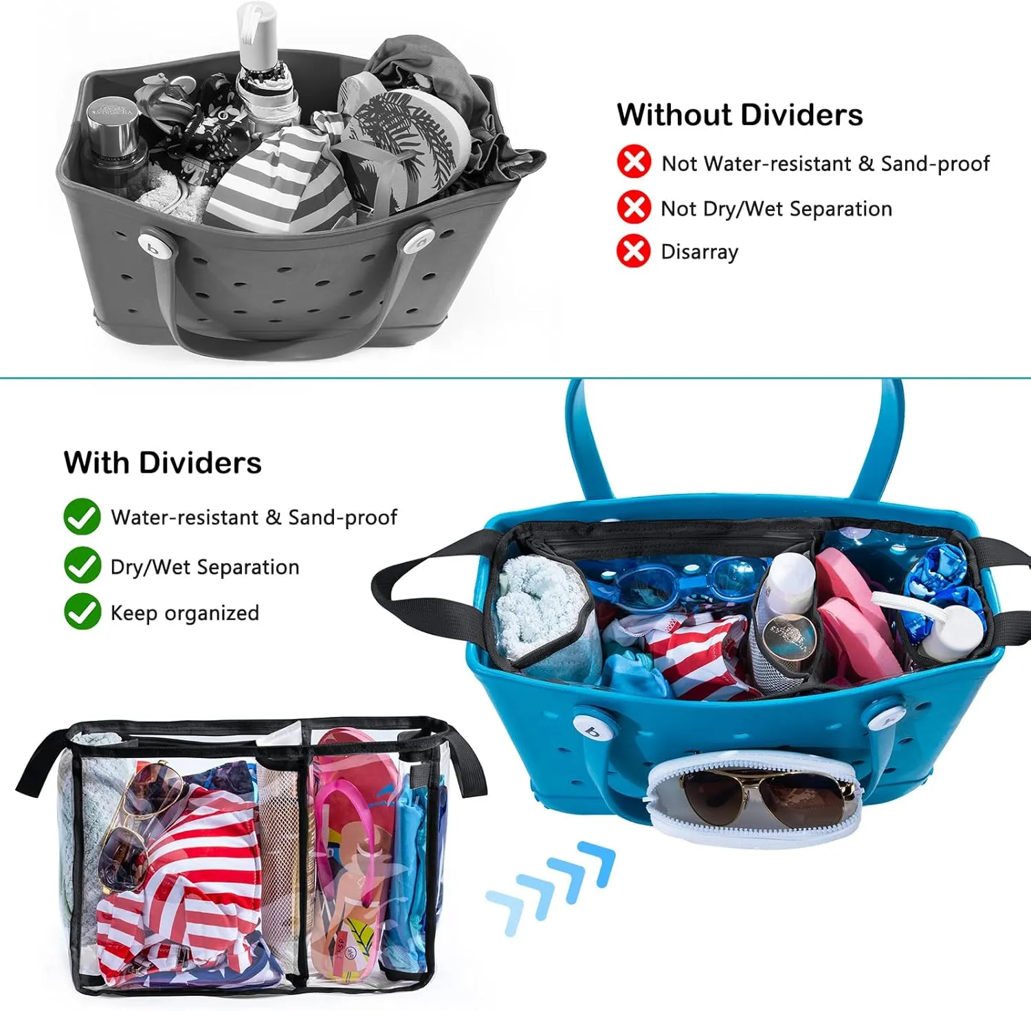 AMOIGEE Clear Beach Bag Organizer Insert with 3pcs Accessories Compatible with Bogg Bag (Medium), Beach Tote Divider with Sunglasses Holder, Phone Holder and Clips Hooks