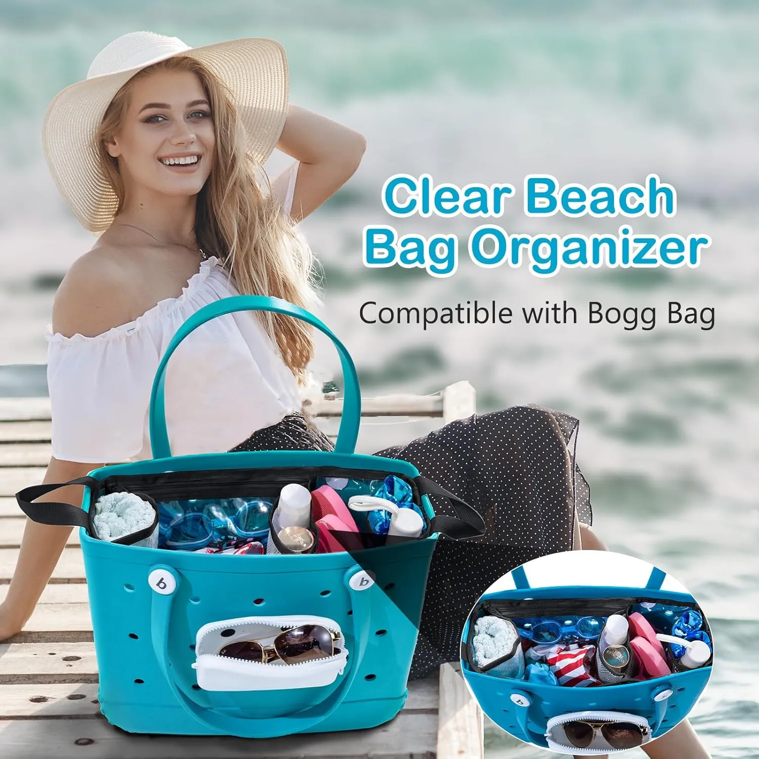 AMOIGEE Clear Beach Bag Organizer Insert with 3pcs Accessories Compatible with Bogg Bag (Medium), Beach Tote Divider with Sunglasses Holder, Phone Holder and Clips Hooks
