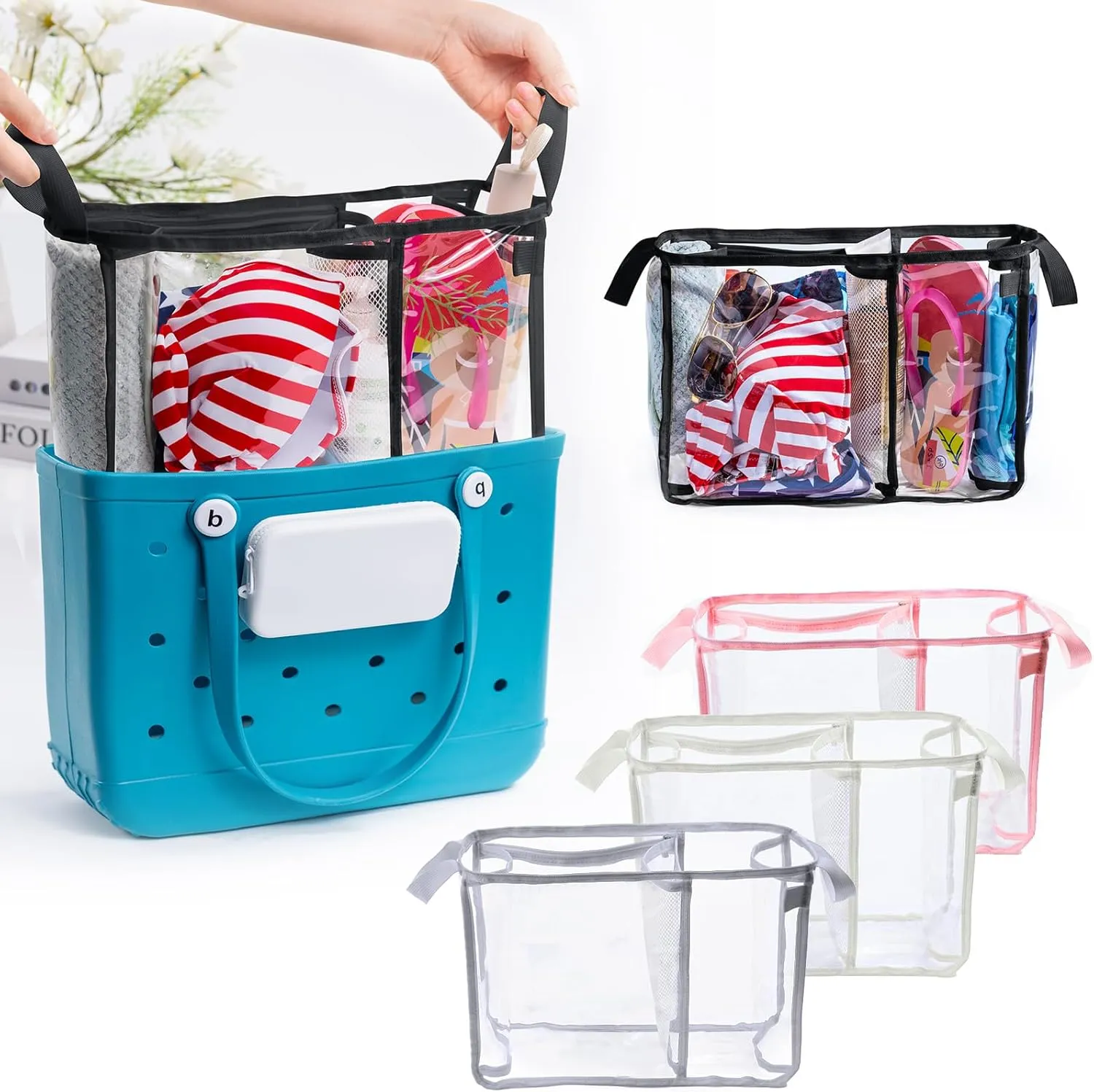 AMOIGEE Clear Beach Bag Organizer Insert with 3pcs Accessories Compatible with Bogg Bag (Medium), Beach Tote Divider with Sunglasses Holder, Phone Holder and Clips Hooks