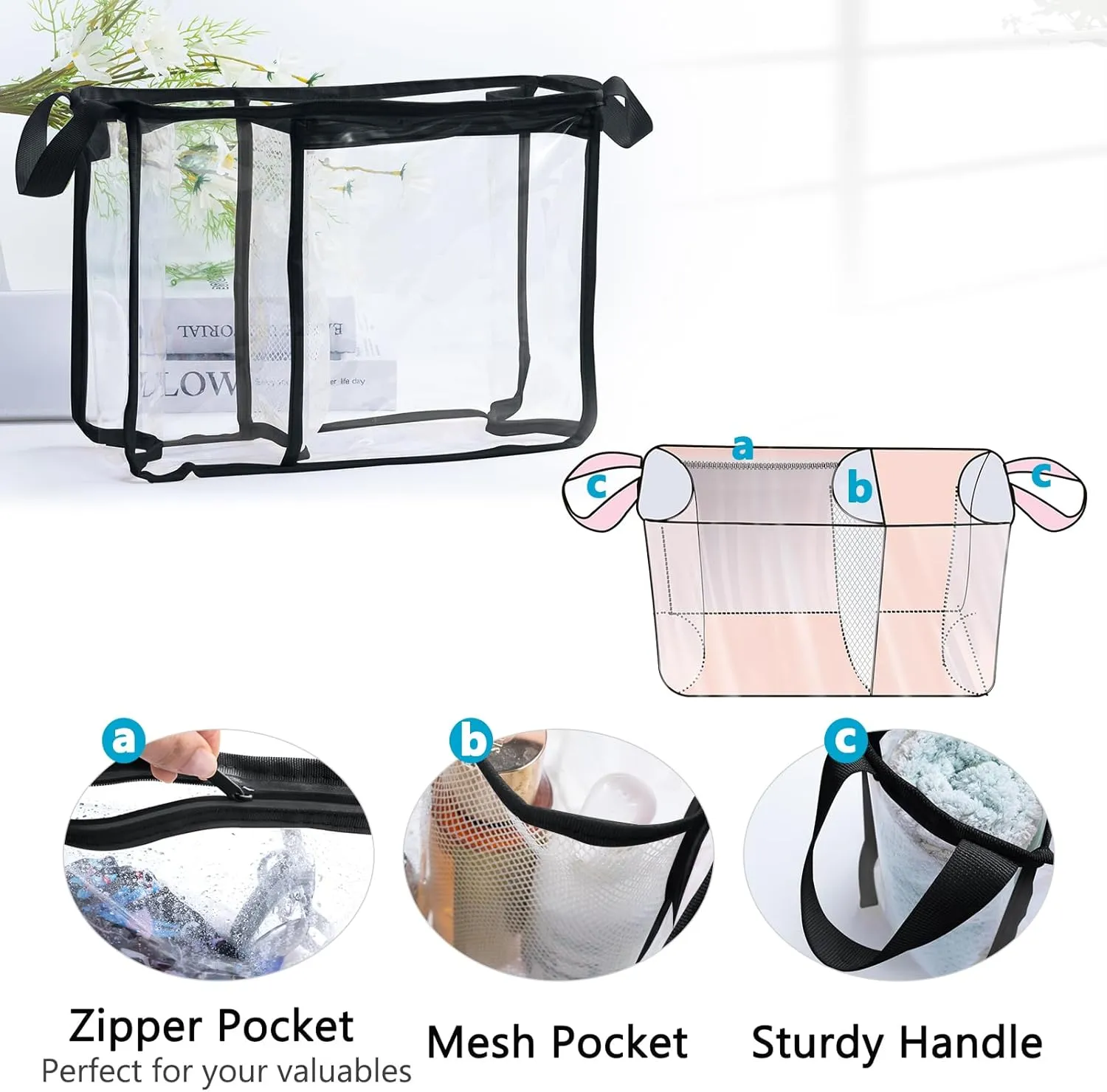 AMOIGEE Clear Beach Bag Organizer Insert with 3pcs Accessories Compatible with Bogg Bag (Medium), Beach Tote Divider with Sunglasses Holder, Phone Holder and Clips Hooks
