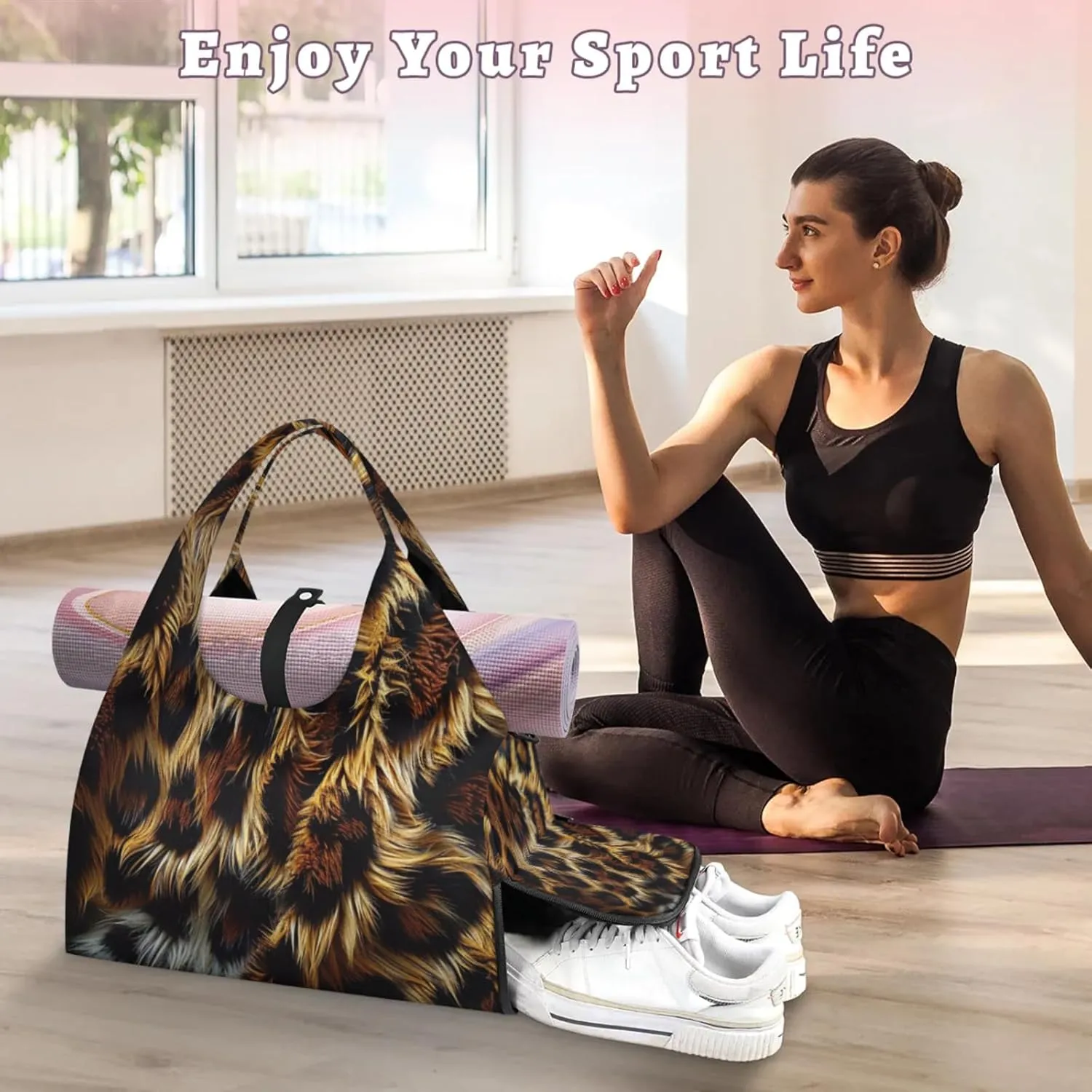 Animals Fur Pattern Gym Bag Yoga Mat Tote for Women with Shoes Compartment Lightweight Duffle Travel Carrier Wet Dry Storage Pockets Adjustable Pilates Mats Shoulder Bags for Sport Swim
