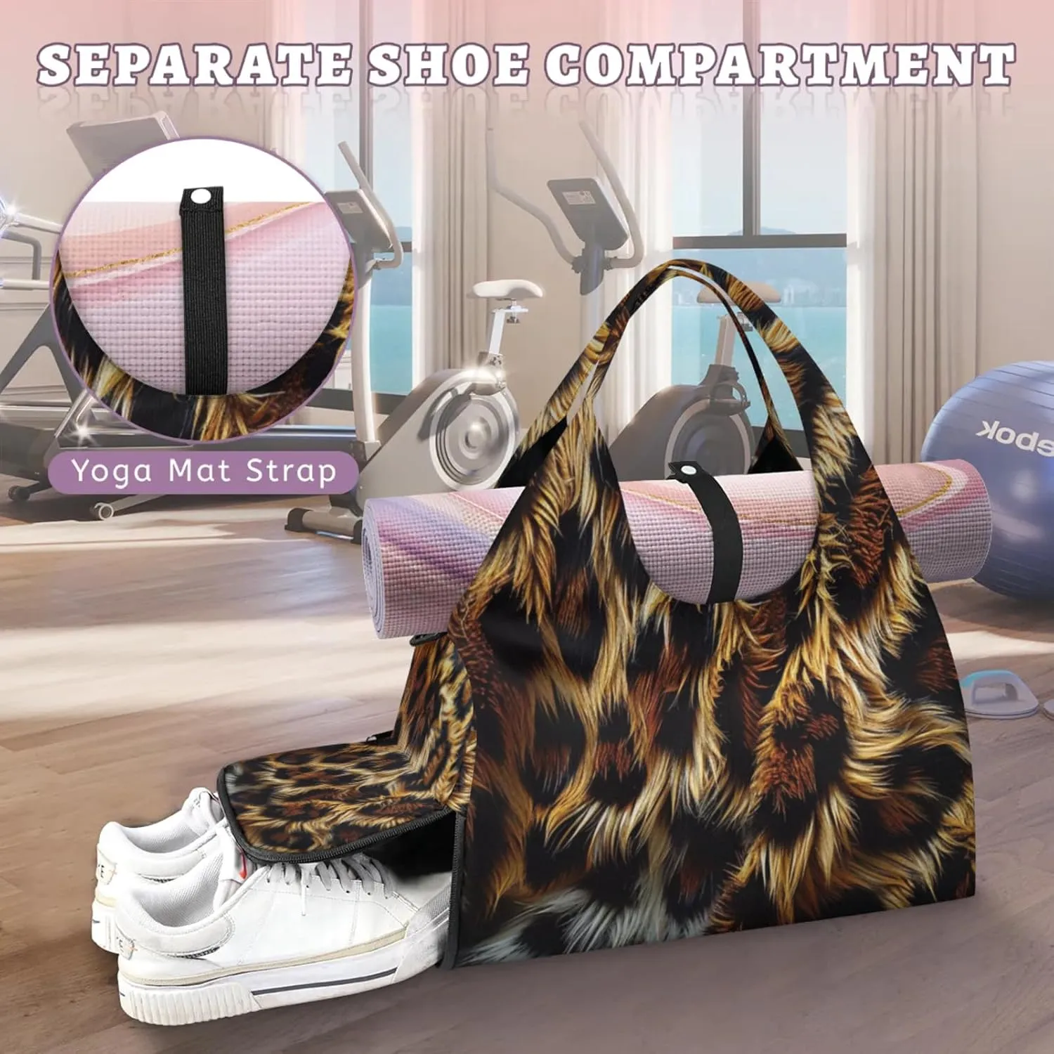 Animals Fur Pattern Gym Bag Yoga Mat Tote for Women with Shoes Compartment Lightweight Duffle Travel Carrier Wet Dry Storage Pockets Adjustable Pilates Mats Shoulder Bags for Sport Swim