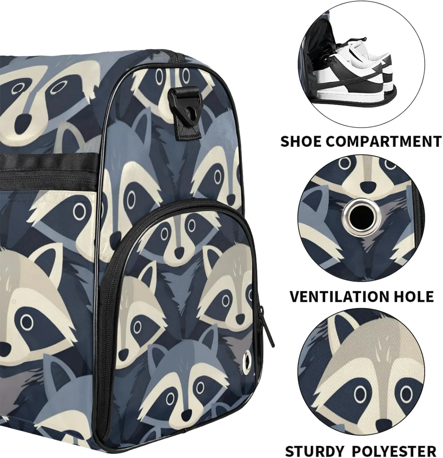 Animals Gym Bags for Men Women, 43L Medium Sports Raccoons Travel Duffel Bag for Men with Shoe Compartment,Carry on Bags for Airplanes Women