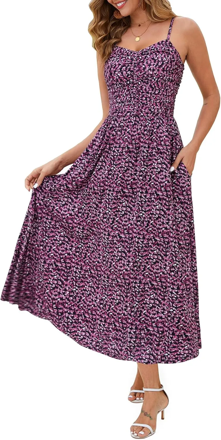 Annebouti Women 2025 Summer Spring Ruched Maxi Dress Adjustable Spaghetti Strap Floral Beach Long Sundress with Pockets