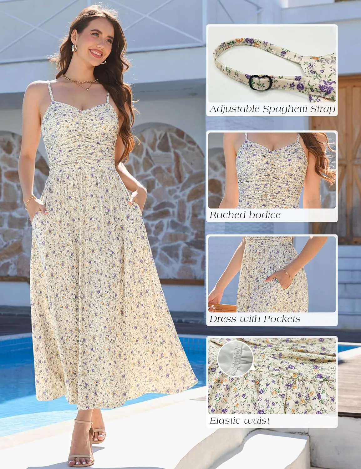 Annebouti Women 2025 Summer Spring Ruched Maxi Dress Adjustable Spaghetti Strap Floral Beach Long Sundress with Pockets