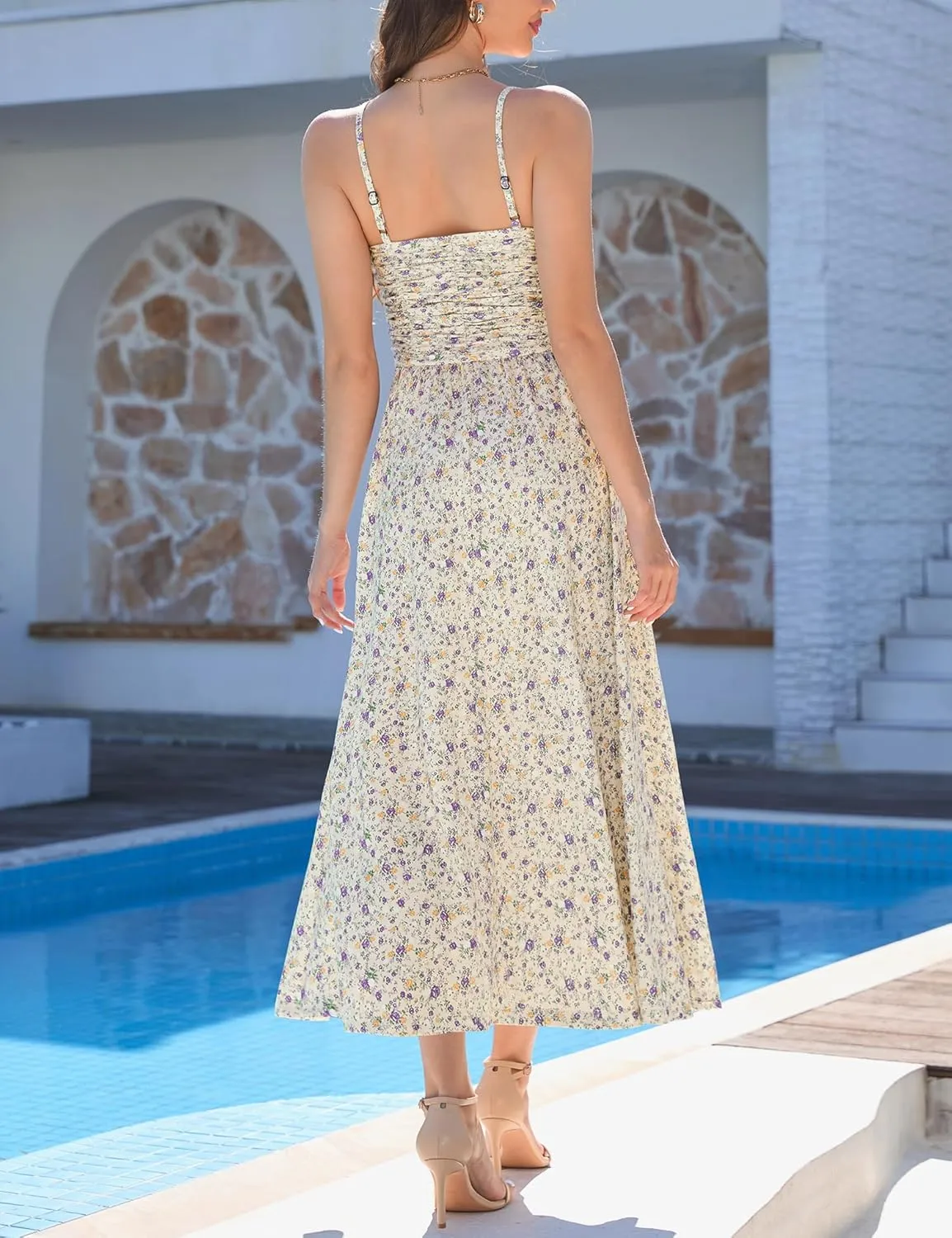 Annebouti Women 2025 Summer Spring Ruched Maxi Dress Adjustable Spaghetti Strap Floral Beach Long Sundress with Pockets