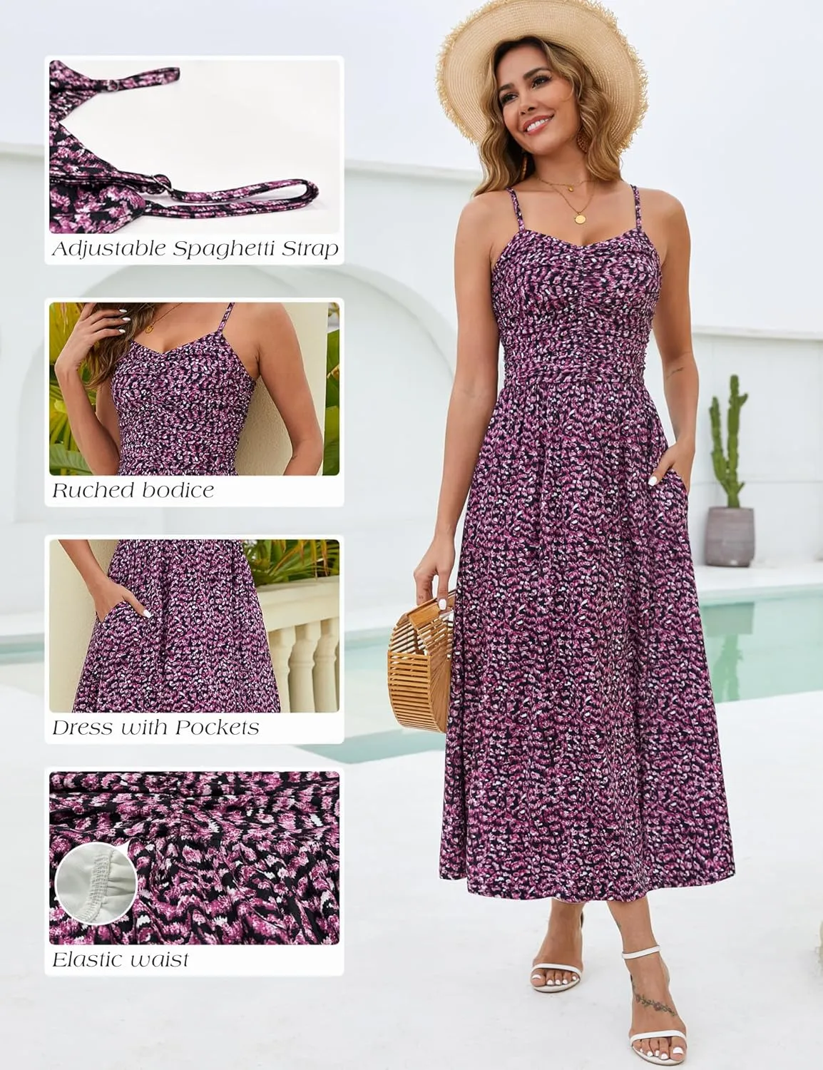 Annebouti Women 2025 Summer Spring Ruched Maxi Dress Adjustable Spaghetti Strap Floral Beach Long Sundress with Pockets