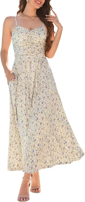 Annebouti Women 2025 Summer Spring Ruched Maxi Dress Adjustable Spaghetti Strap Floral Beach Long Sundress with Pockets