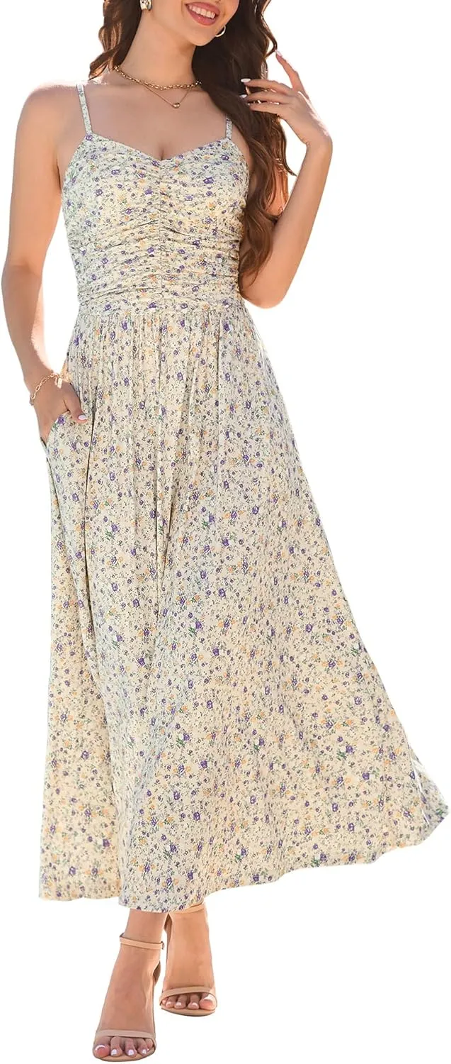 Annebouti Women 2025 Summer Spring Ruched Maxi Dress Adjustable Spaghetti Strap Floral Beach Long Sundress with Pockets