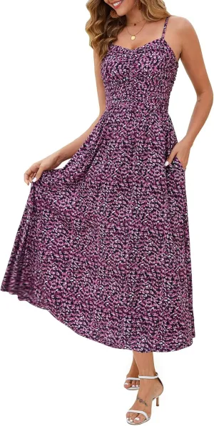 Annebouti Women 2025 Summer Spring Ruched Maxi Dress Adjustable Spaghetti Strap Floral Beach Long Sundress with Pockets