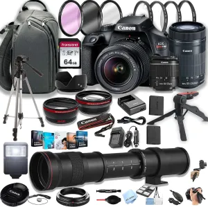 anon EOS Rebel T100 DSLR Camera w/EF-S 18-55mm F/3.5-5.6 Zoom Lens   55-250mm f/4-5.6 is STM Lens   420-800mm Super Telephoto Lens   64GB Memory Cards, Professional Photo Bundle (Renewed)
