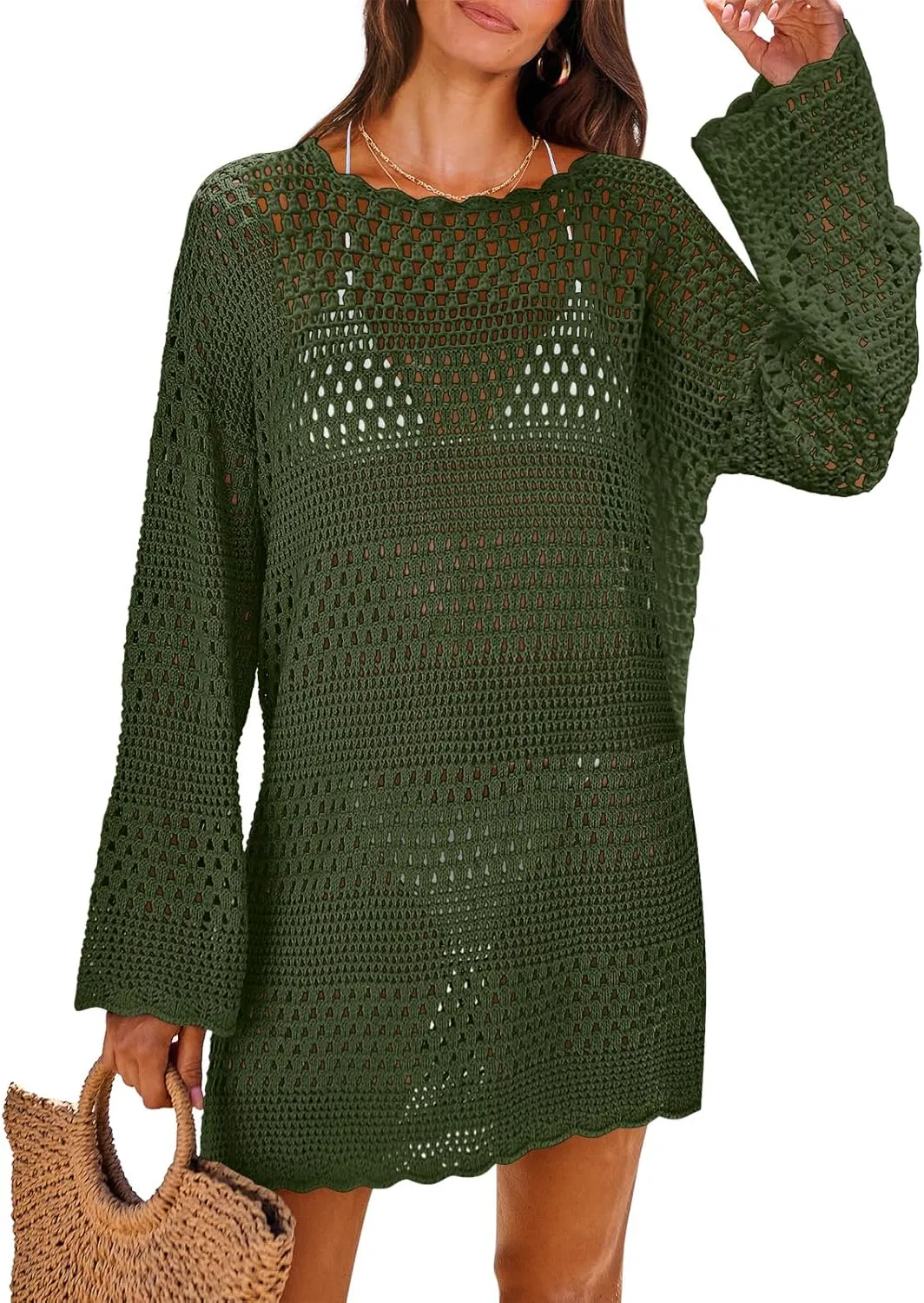 ANRABESS Women Swimsuit Crochet Swim Cover Up 2025 Summer Bathing Suit Swimwear Mesh Knit Beach Dress Vacation Outfits