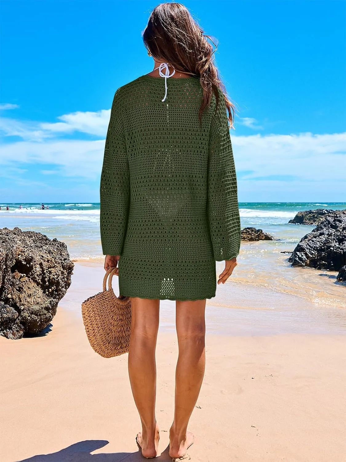 ANRABESS Women Swimsuit Crochet Swim Cover Up 2025 Summer Bathing Suit Swimwear Mesh Knit Beach Dress Vacation Outfits