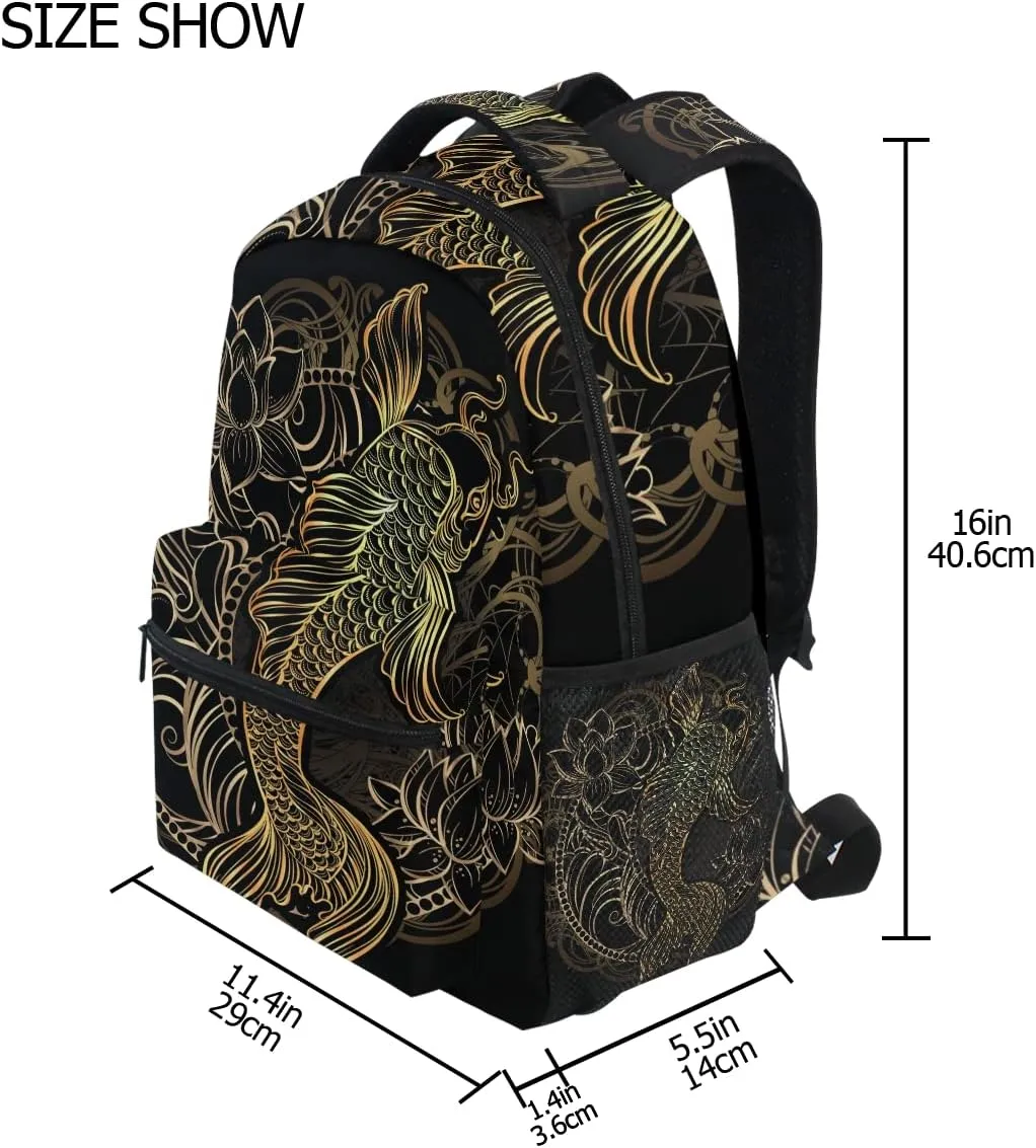Asian Spiritual Gold Koi School Backpack Bookbag for Boys Girls Teens Casual Travel Bag Computer Laptop Daypack