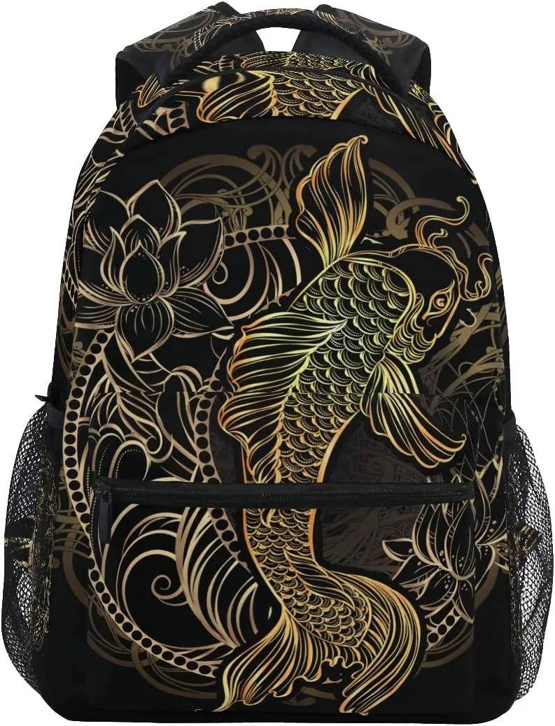Asian Spiritual Gold Koi School Backpack Bookbag for Boys Girls Teens Casual Travel Bag Computer Laptop Daypack