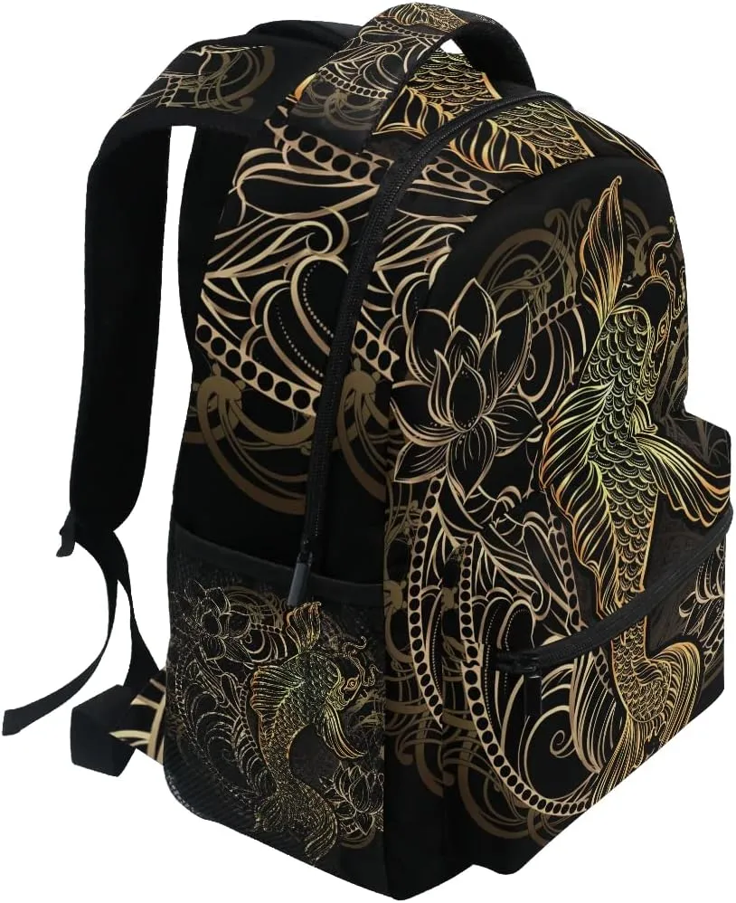 Asian Spiritual Gold Koi School Backpack Bookbag for Boys Girls Teens Casual Travel Bag Computer Laptop Daypack